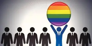 image of person holding up a rainbow icon